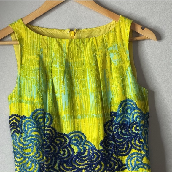 Anthropologie Tabitha Dress Shift Azure Scroll Yellow Blue Swiss Dot Cotton Sz 2 - Picture 4 of 16